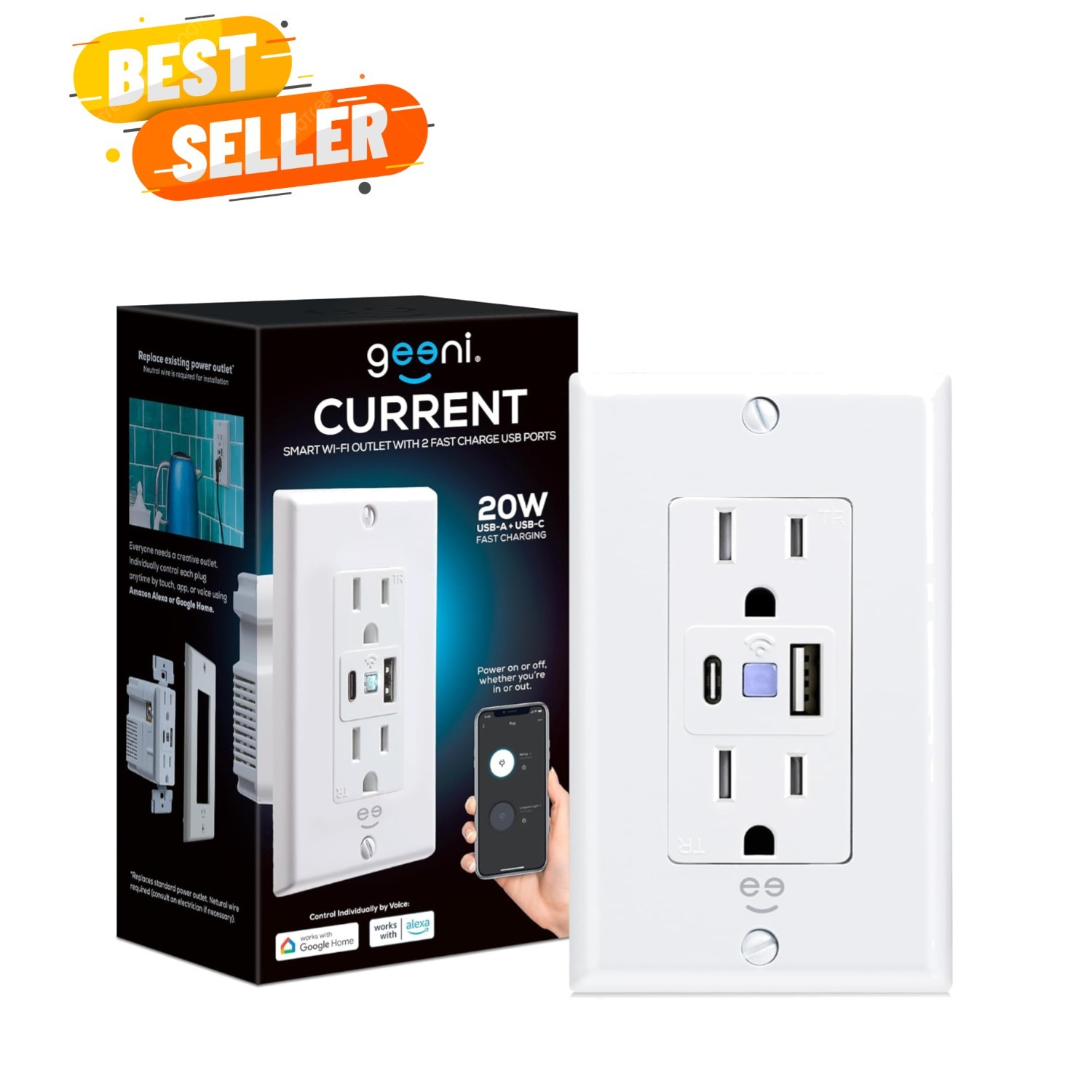 Current Smart Wi-Fi Outlet with 2 Fast Charge USB Ports 20W USB-C PD & Quick ...