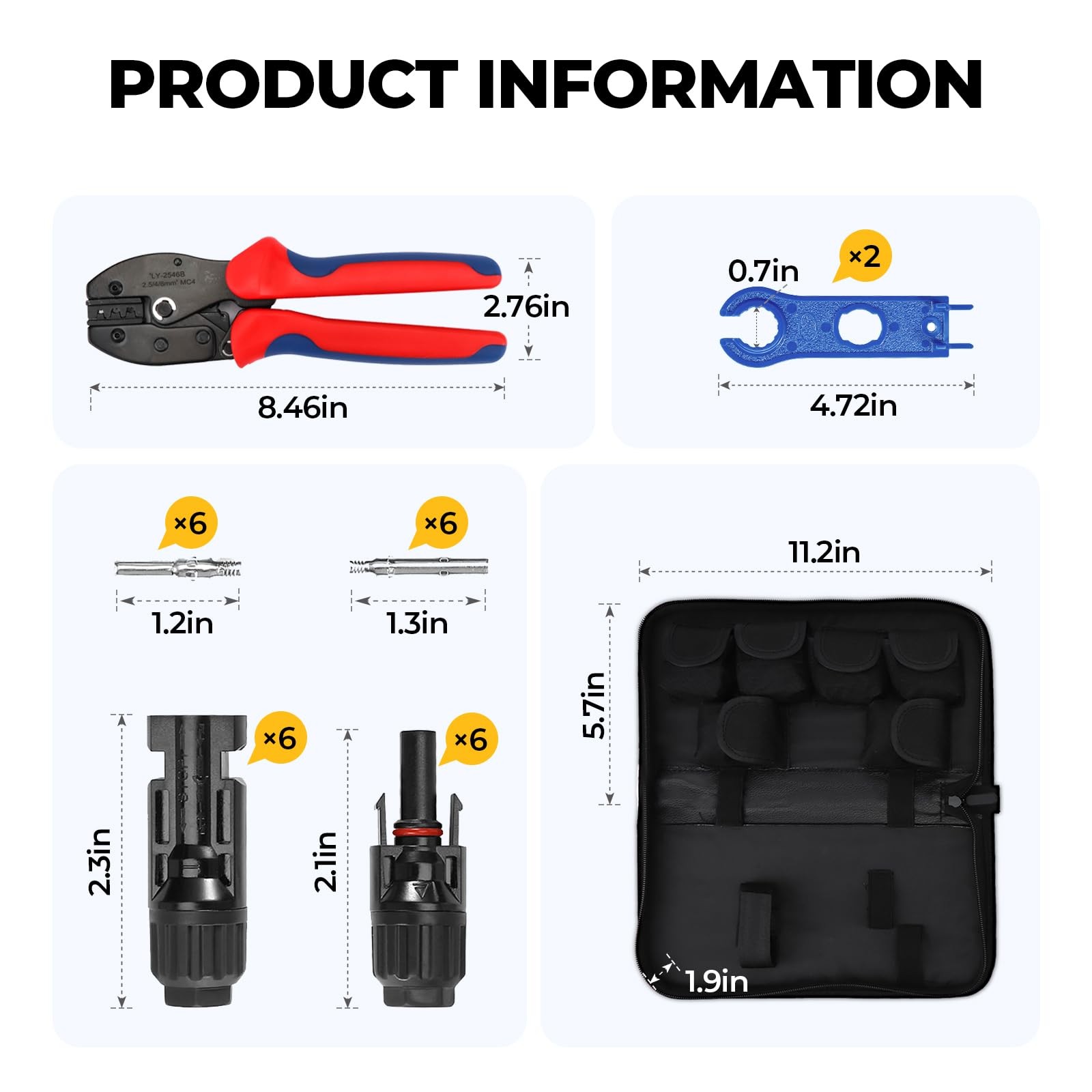 Solar Crimper Tool Kit Crimper, 6 Pairs Connectors, 2 Spanners