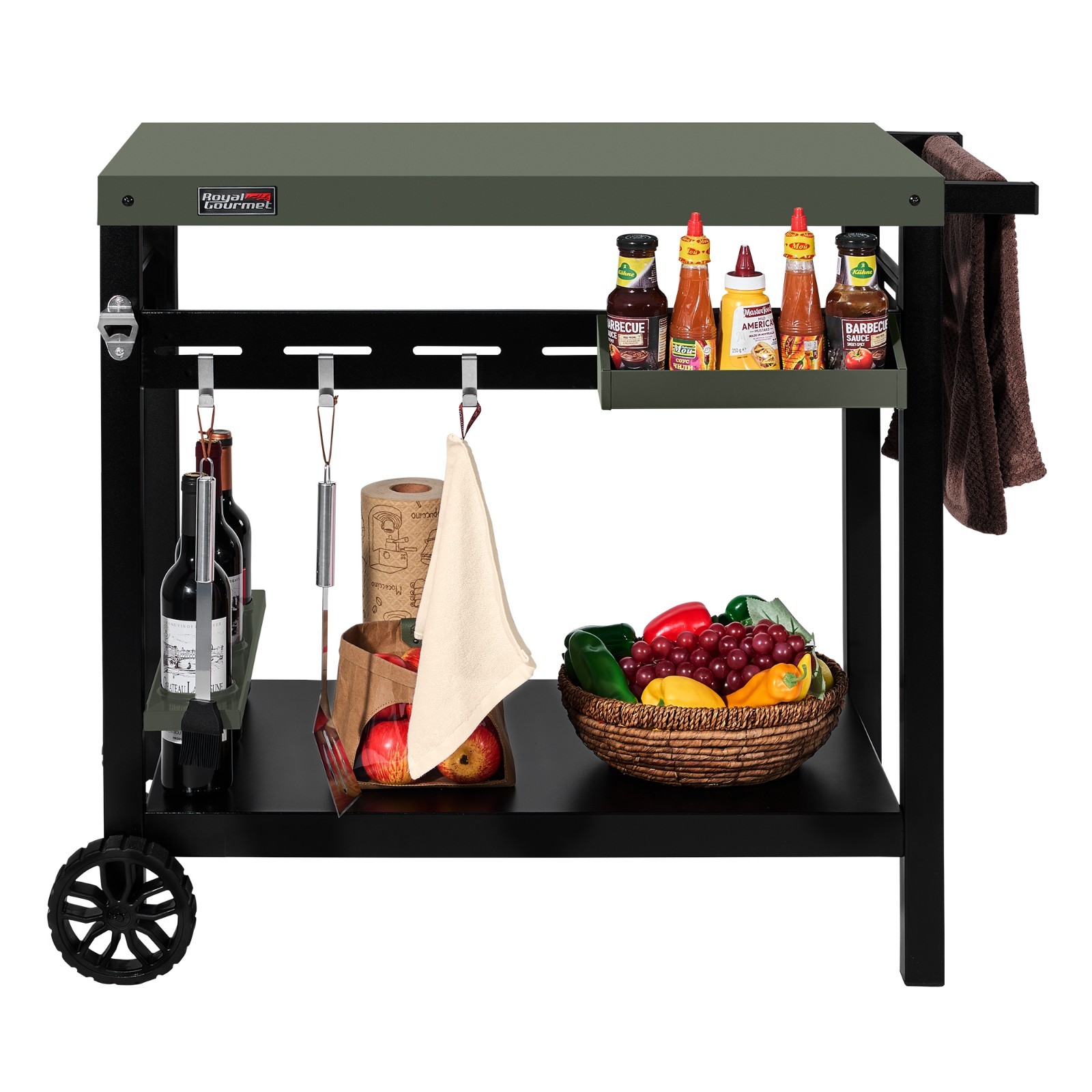 Royal Gourmet Double-Shelf Movable Dining Cart Table with Cylinder Hook and Base