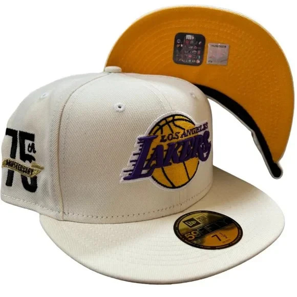 New Era Los Angeles Lakers 59FIFTY Fitted Hat Off White 75 Year Patch Size 7 3/4