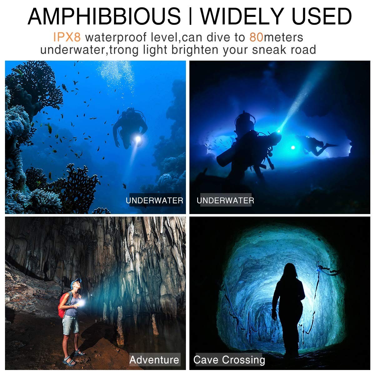 2000 Lumen Waterproof Scuba Diving Flashlight Torch - Underwater LED Dive Light