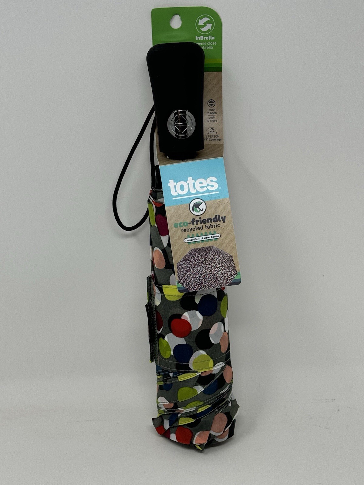 TOTES  Umbrella INBRELLA Gray w/Multicolored Dots Eco-Friendly 47" Coverage NEW