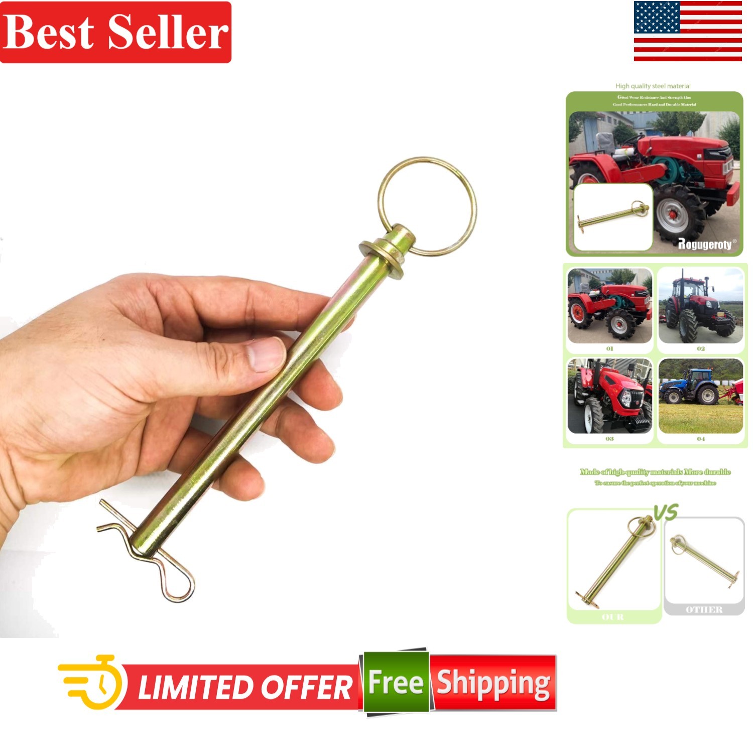 Replacement Swivel Hitch Pin 1/2 x 6-1/4 Inches Compatible With Toro Power Ma...