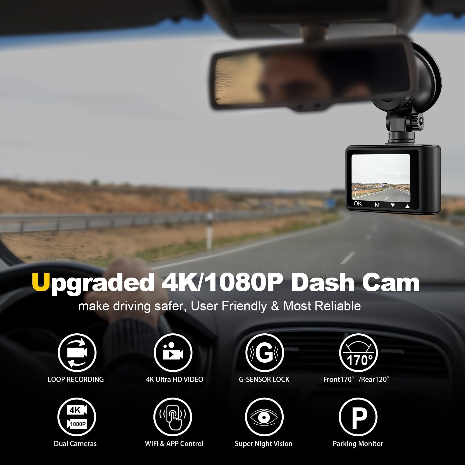 Dash Camera, 4K/1080p Dash Camera Front and Rear, Built-in 5GWiFi, Dash Cam w...