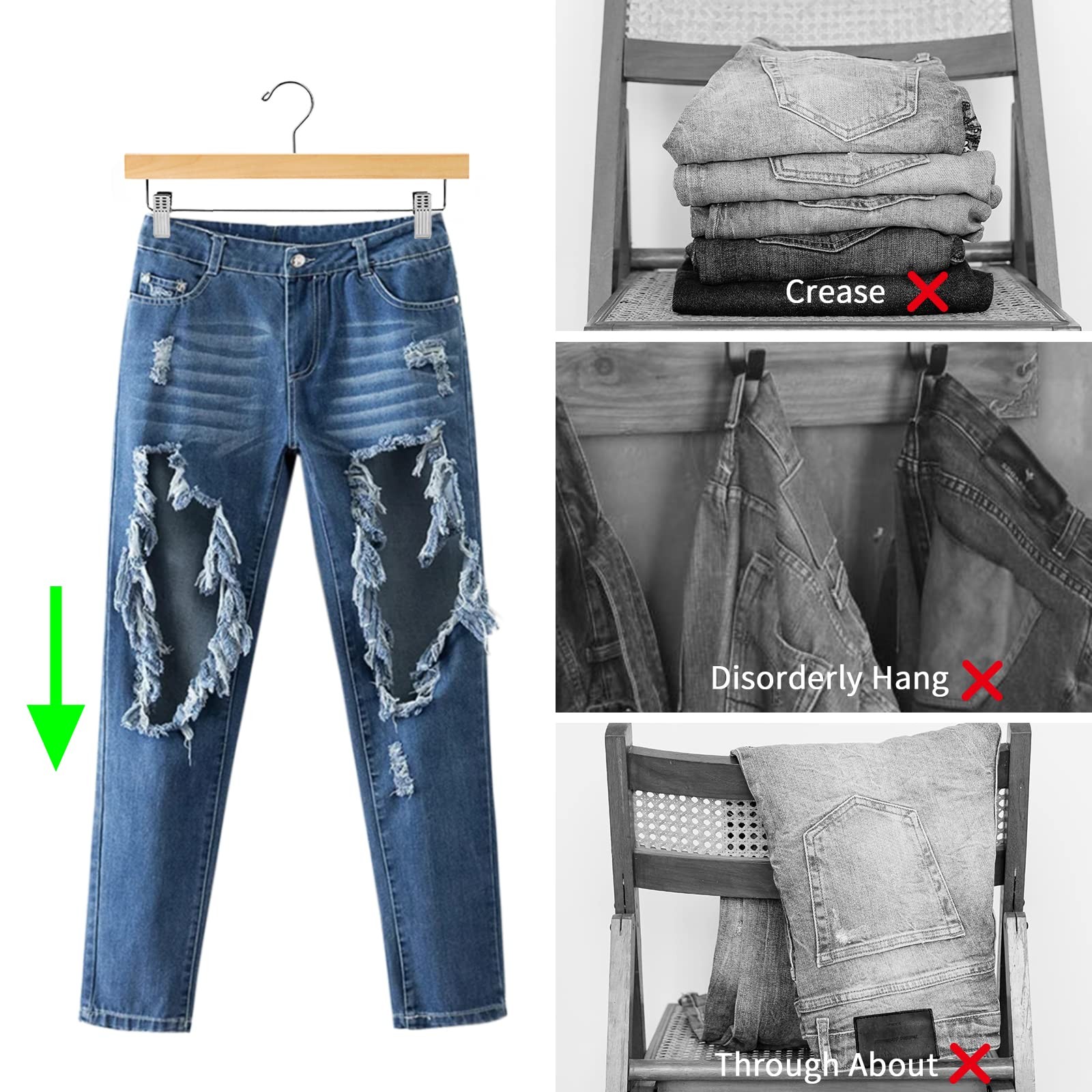 Deluxe Wooden Pants Hangers,Solid Lotus Wood Jeans Skirt Hanger with Clips An...