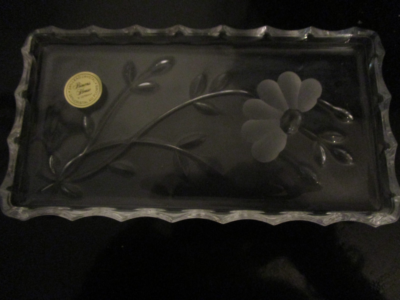 Princess House Vanity Trinket Tray Lead Crystal Flower Etched 7”x3.75” with Box
