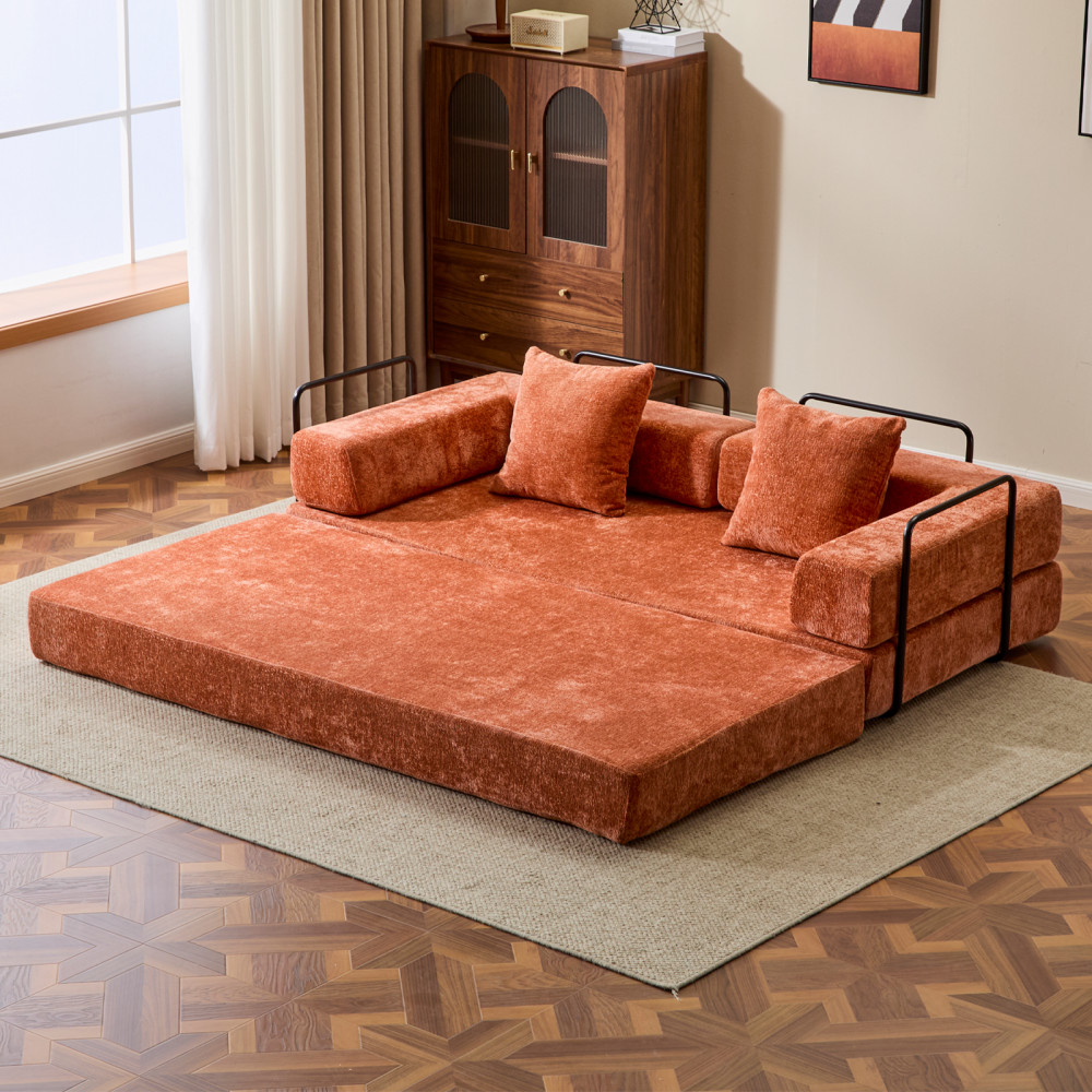 Convertible Floor Sofa Bed with Pillow Back Support, Chenille, Orange