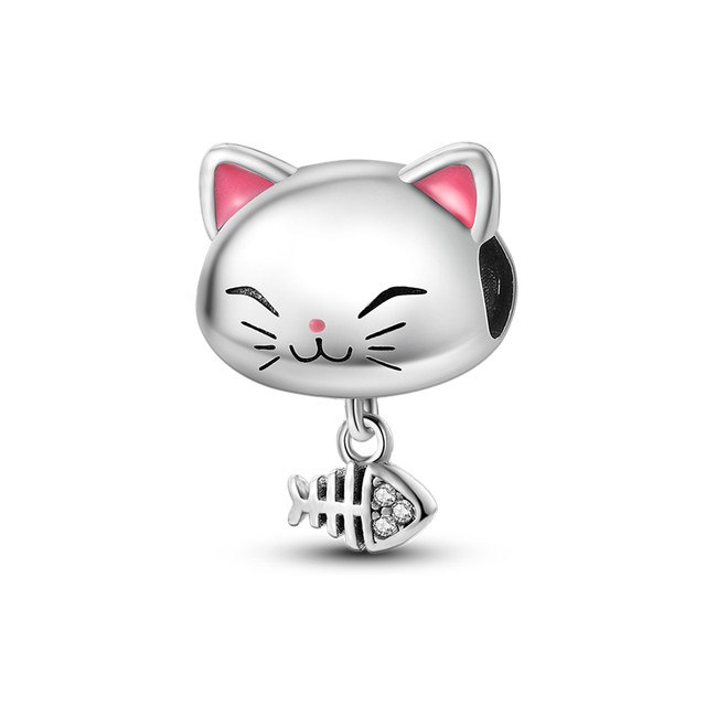 ADORABLE STERLING SILVER CAT & FISH CZ KITTY S925 BRACELET DANGLE CHARM & POUCH!