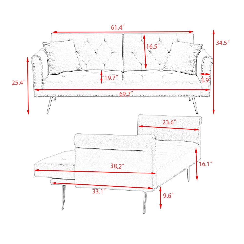 69.7" Velvet Sofa Bed - Nail Head Trim + Matching Throw Pillow Black