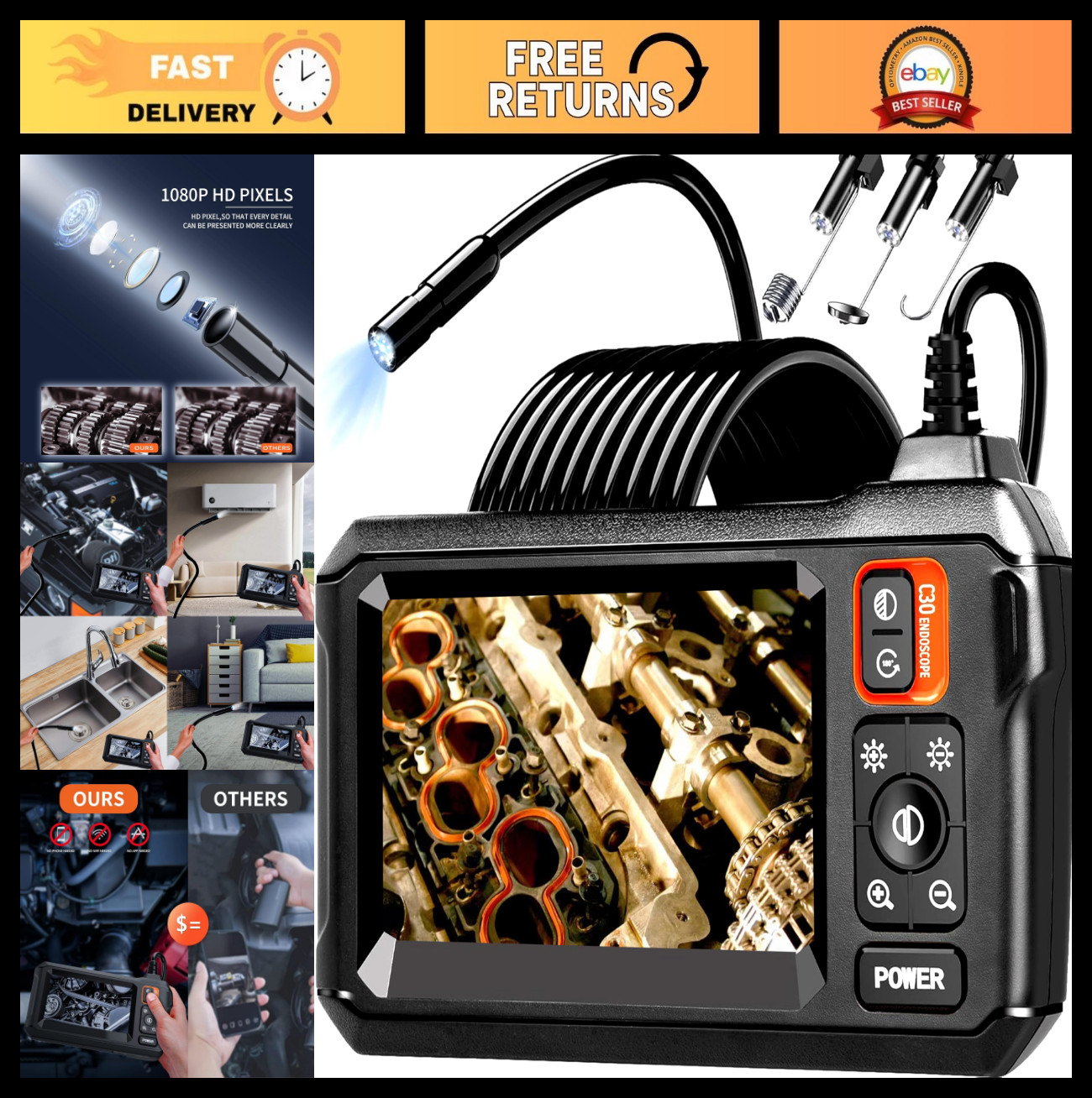 1080P HD Endoscope Camera with Light, Waterproof Borescope for Inspection, 16.5f