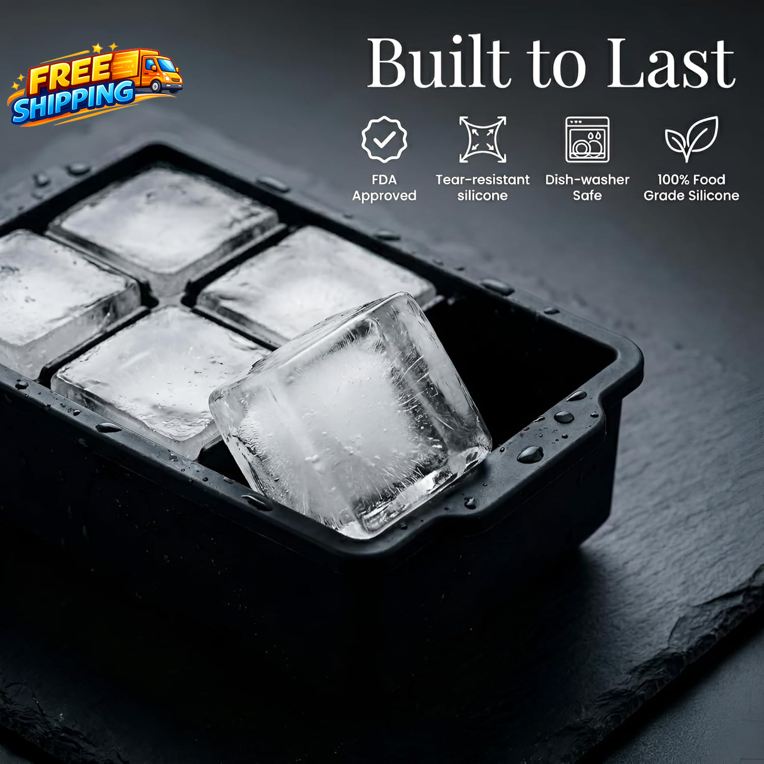 Large Silicone Ice Cube Tray (2-Pack), Easy Release 2" Big Ice Cubes - Cocktail,