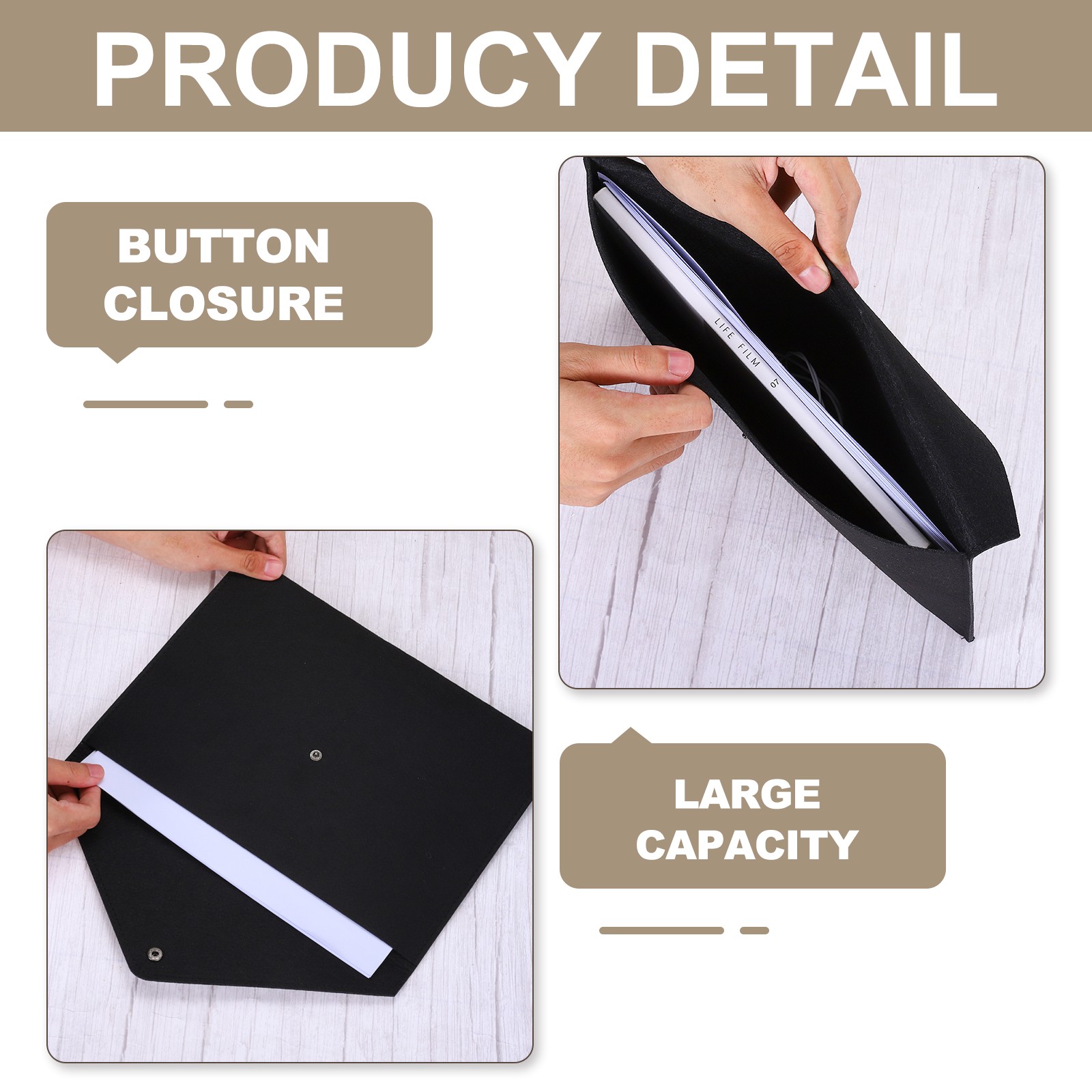 2 Pcs Felt File Folders, Folder File Document with Button Closure(Black)