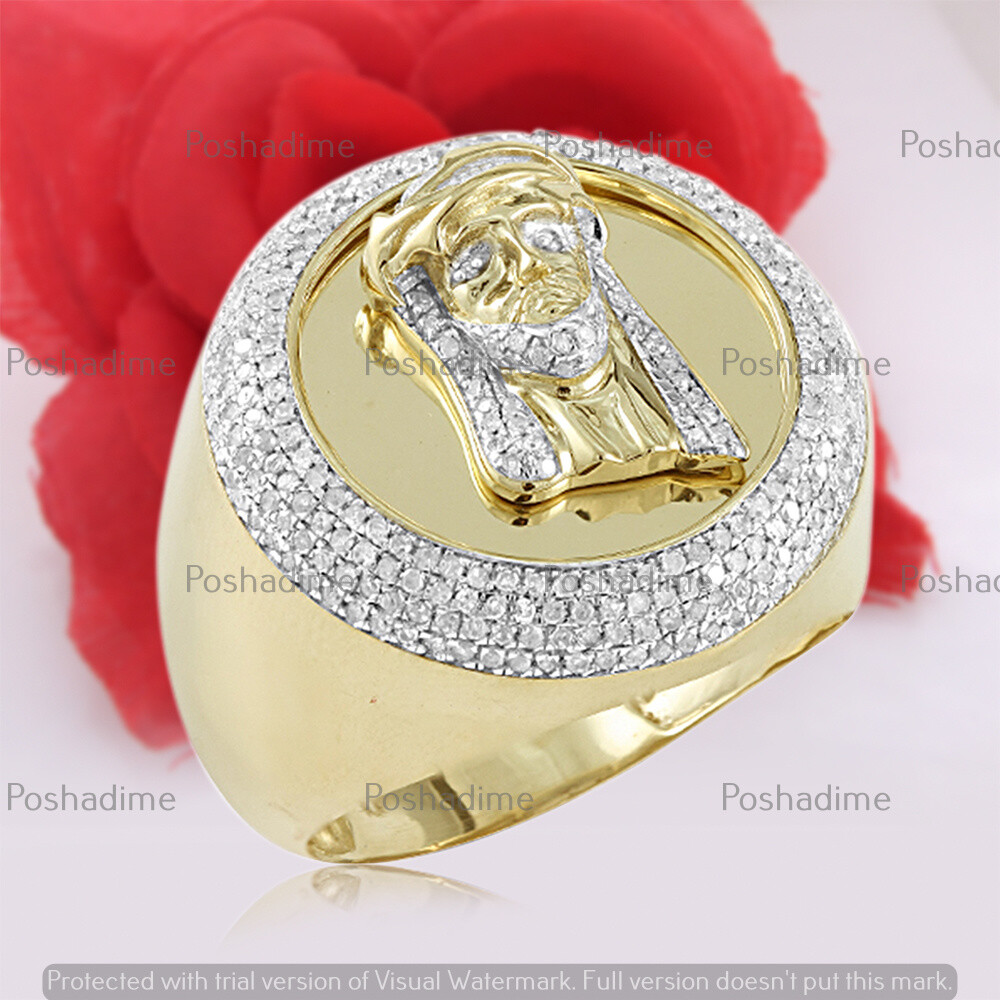 Real 10K Yellow Gold Certified 1.00 Ctw Round Moissanite Jesus Face Mens Ring