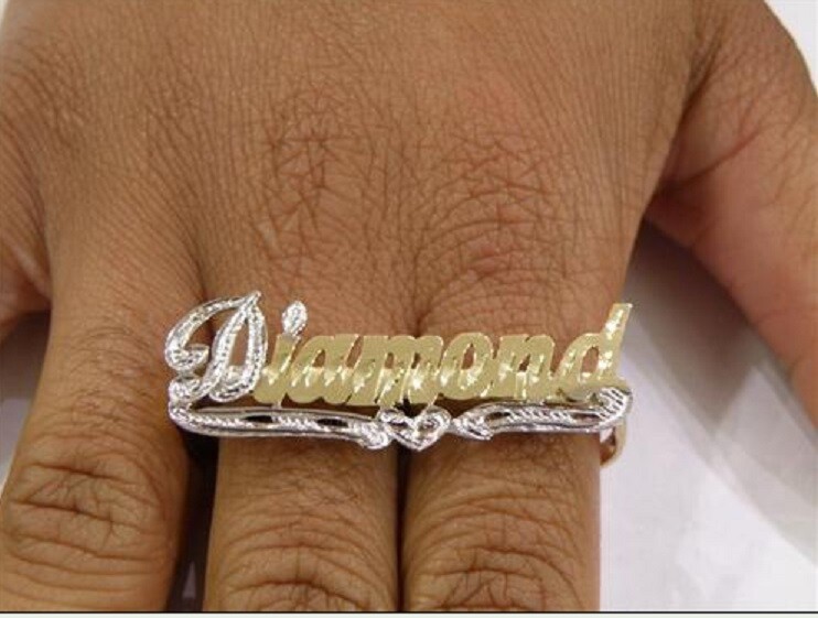 PERSONALIZED 14K YELLOW GOLD PLATED TWO 2 FINGER NAME RING /ANY NAME / ANY SIZE