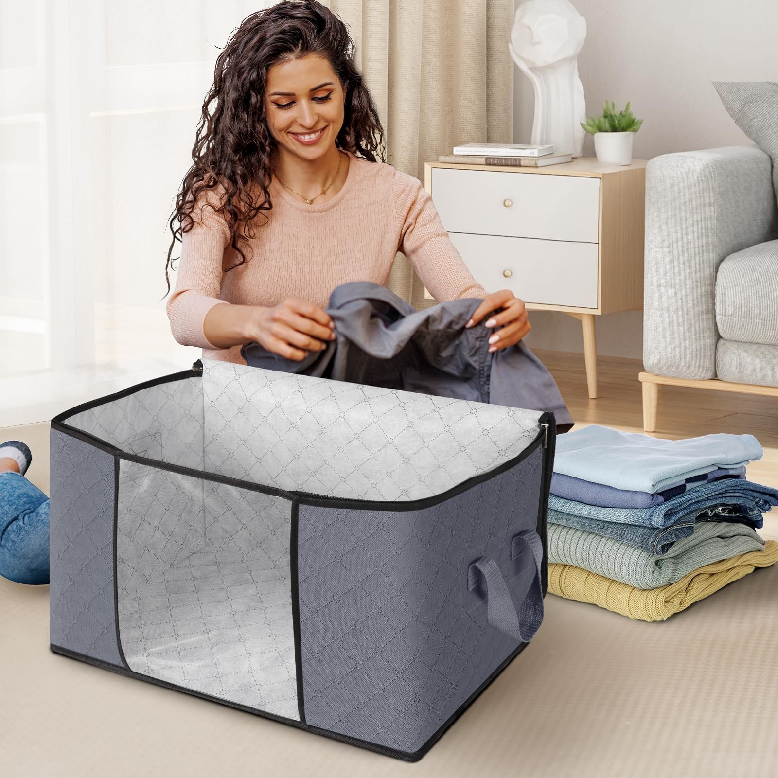 6 Pack Grey Clothes Storage Bags, Foldable Fabric, Handle, Closet Organizer