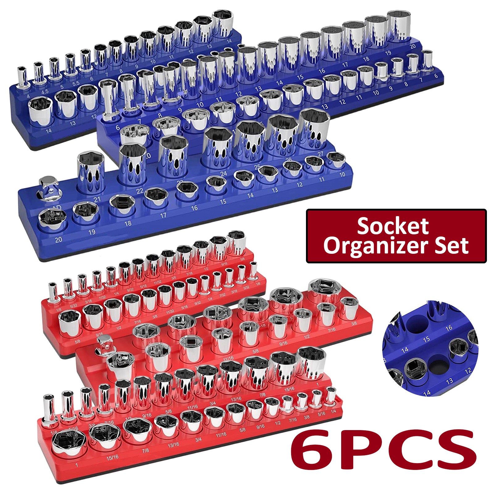 Magnetic Socket Organizer Set 6PCS Socket Trays Blue & Red for Metric SAE