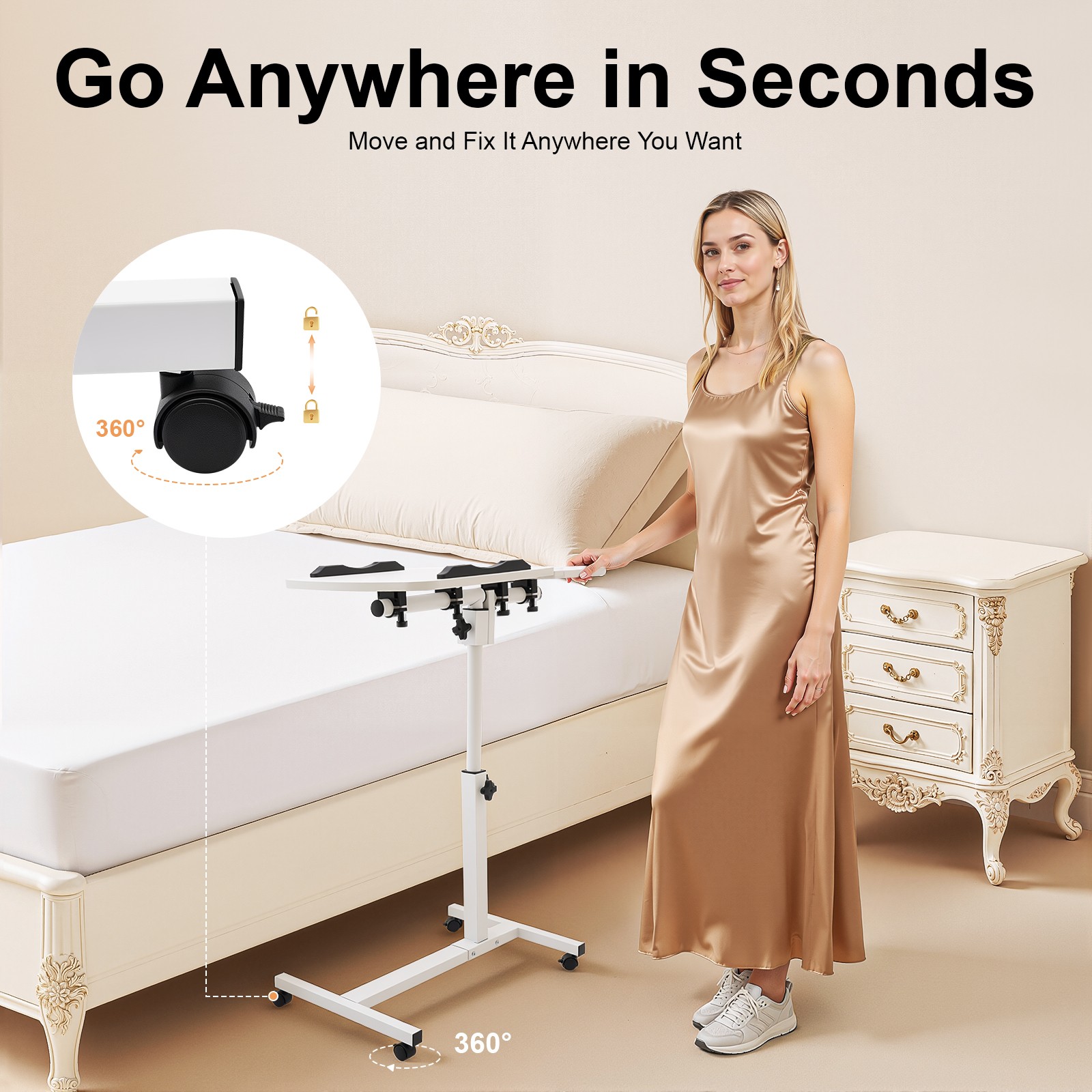 Over Bed Table Mobile Rolling Laptop Stand Computer Bedside Table Adjustable New