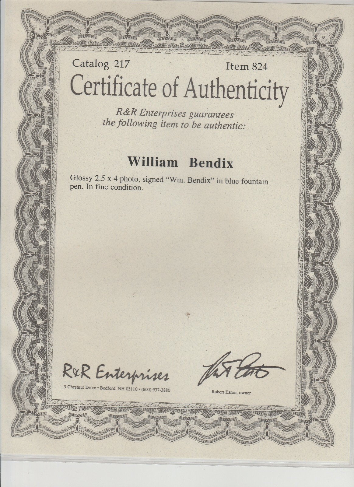 William Bendix 2 1/2" by 4" Signed Autograph Photo COA