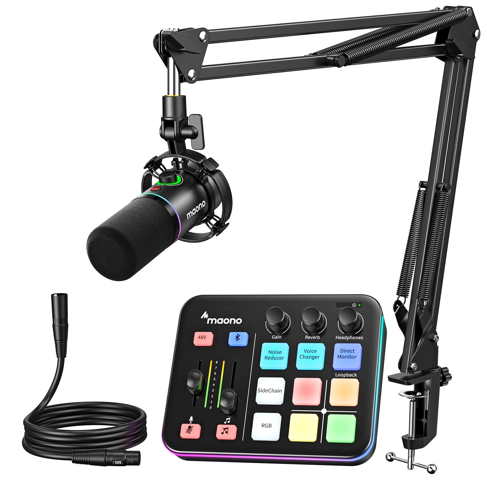 MAONO Gaming Streaming Equipment Bundle: Audio Interface Mixer and XLR White