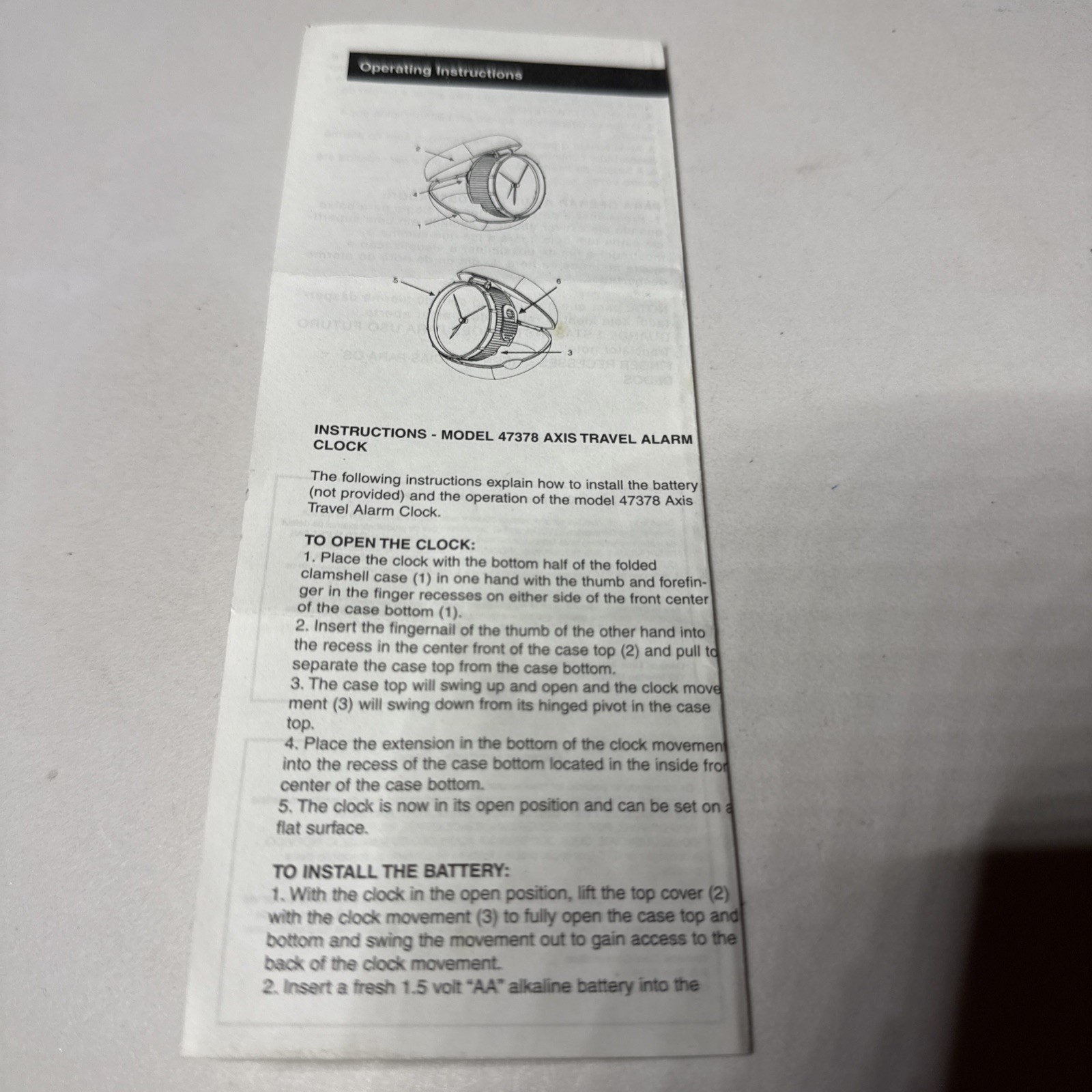 Axis  Travel Alarm Clock Instruction/ Manual Model 47378