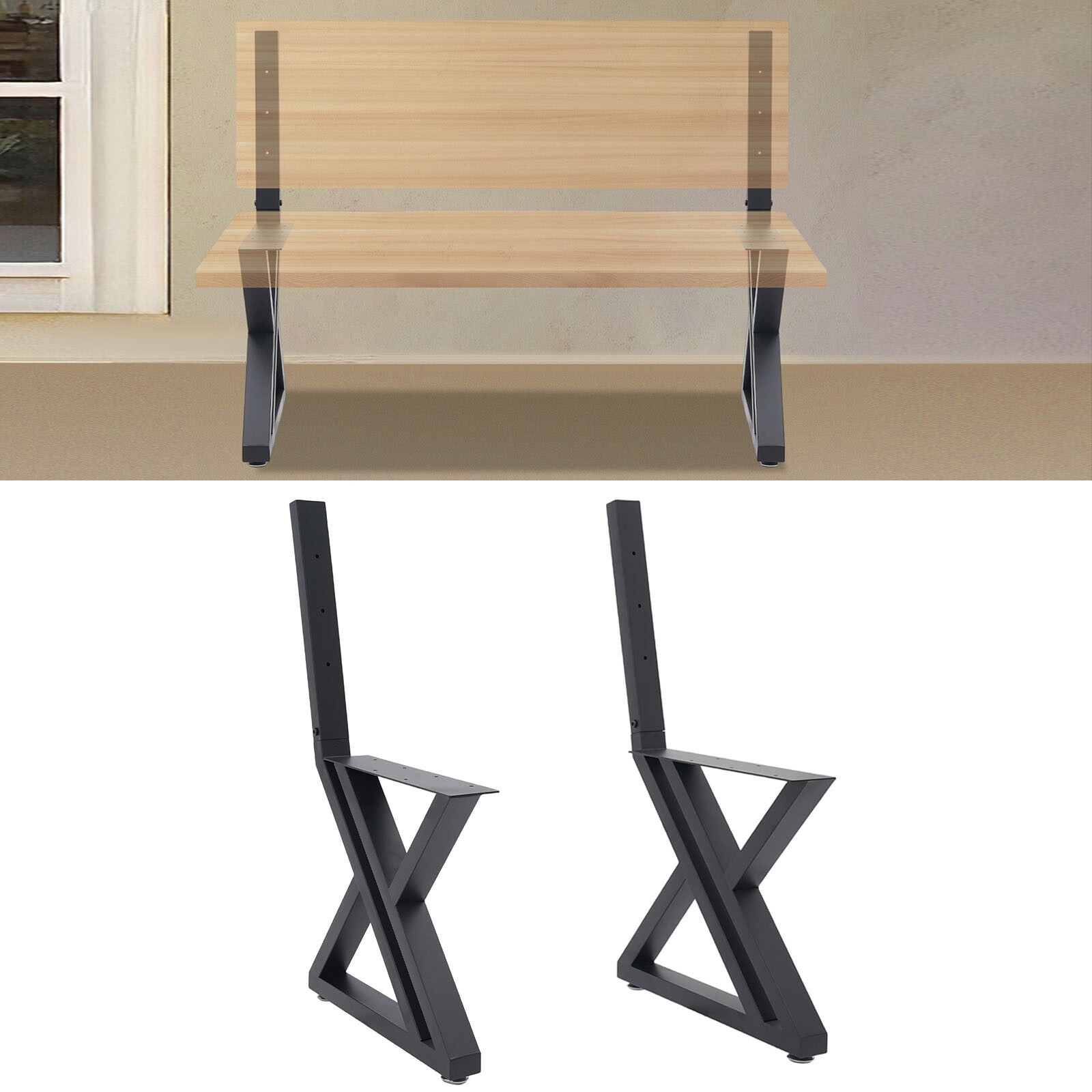 2PCS Bench Legs Z-Shaped Bench Legs with Backrest Bracket Bench Legs Black