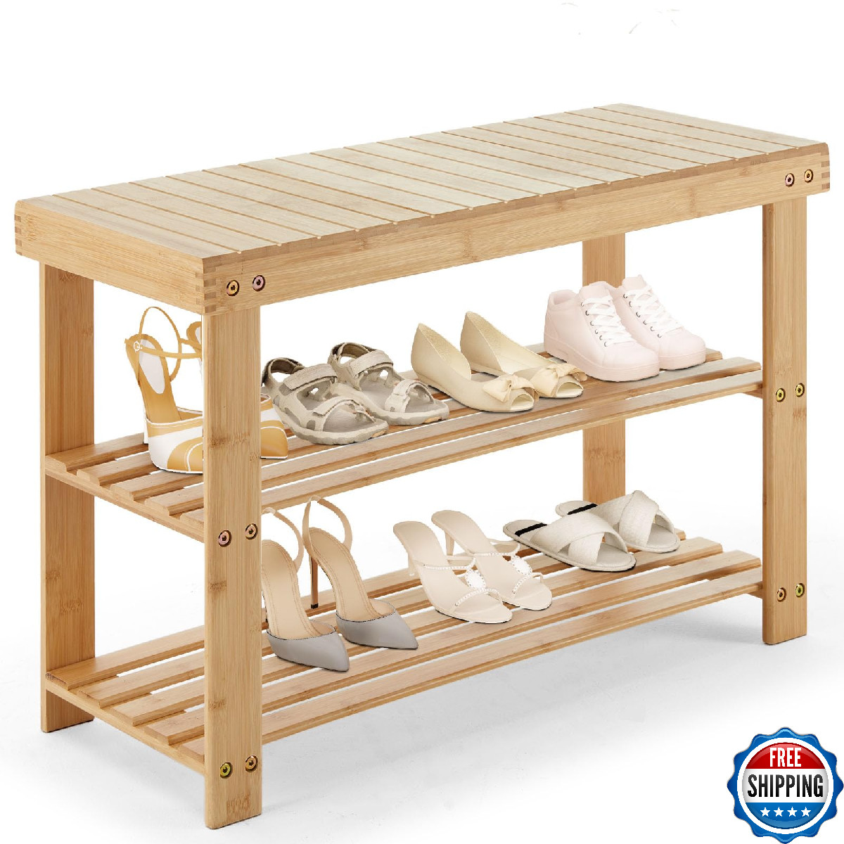 DUMOS Shoe Rack Bench with Storage, 3-Tier Bamboo Entryway Benches, Wooden Shoe