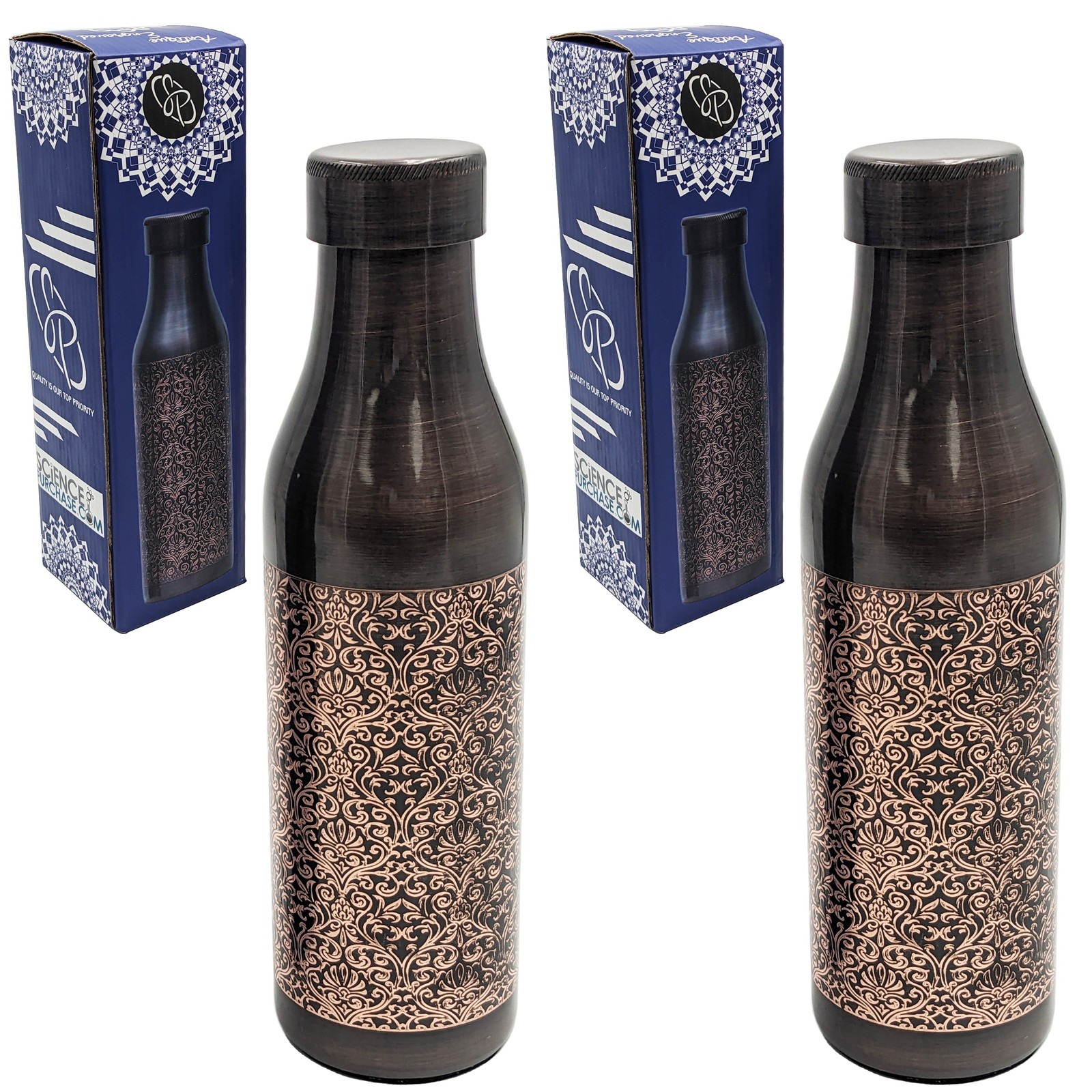2 Pack 33 Ounce Pure Copper Water Bottle with Engraved Damask Design, Ayurved...