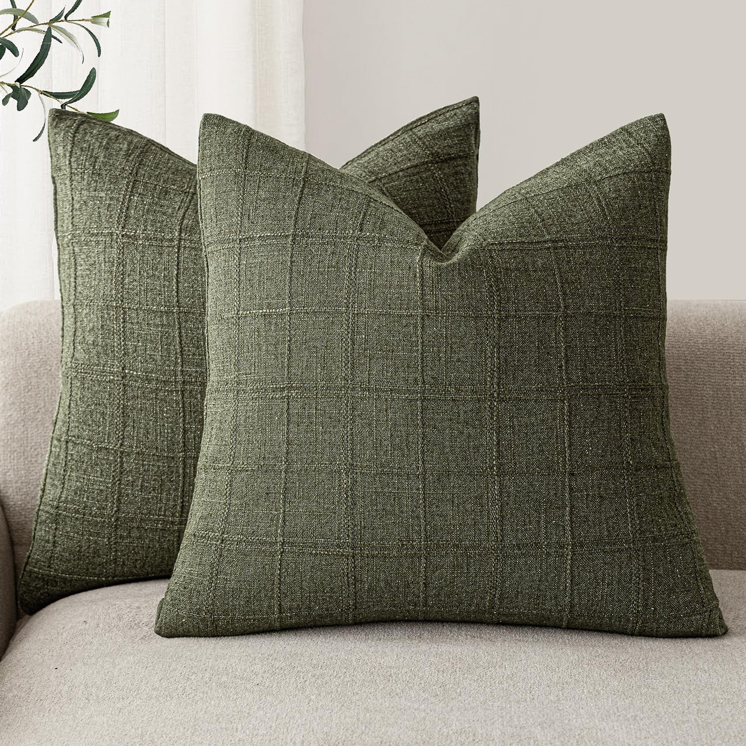 Set of 2 Decorative Linen Check Throw Pillow Covers Neutral Farmhouse Vintage...