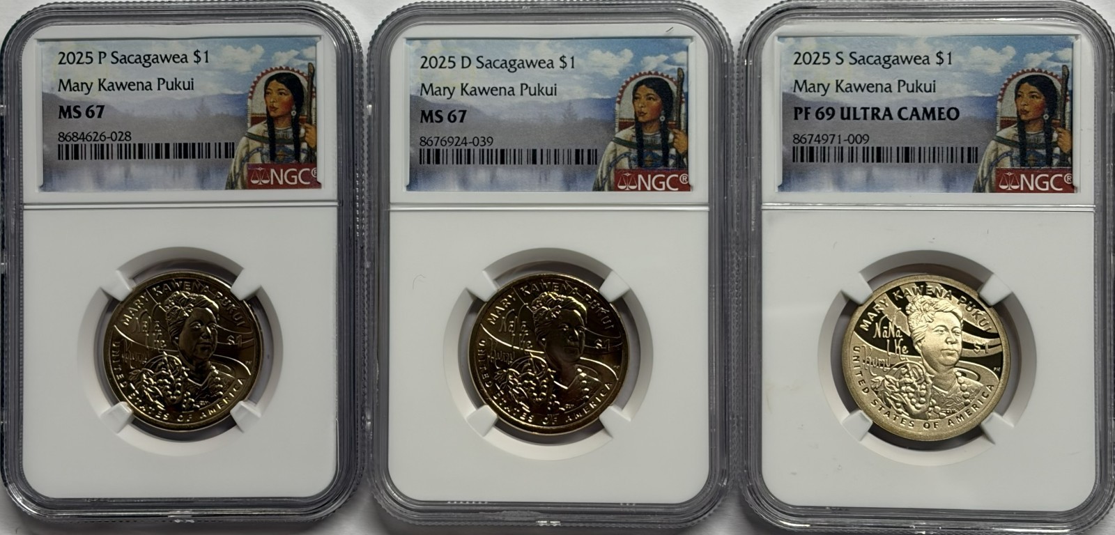 2025 P D S $1 Sacagawea NGC MS 67 PF69 Mary Kawena Pukui 3 Coin Set Proof & Mint