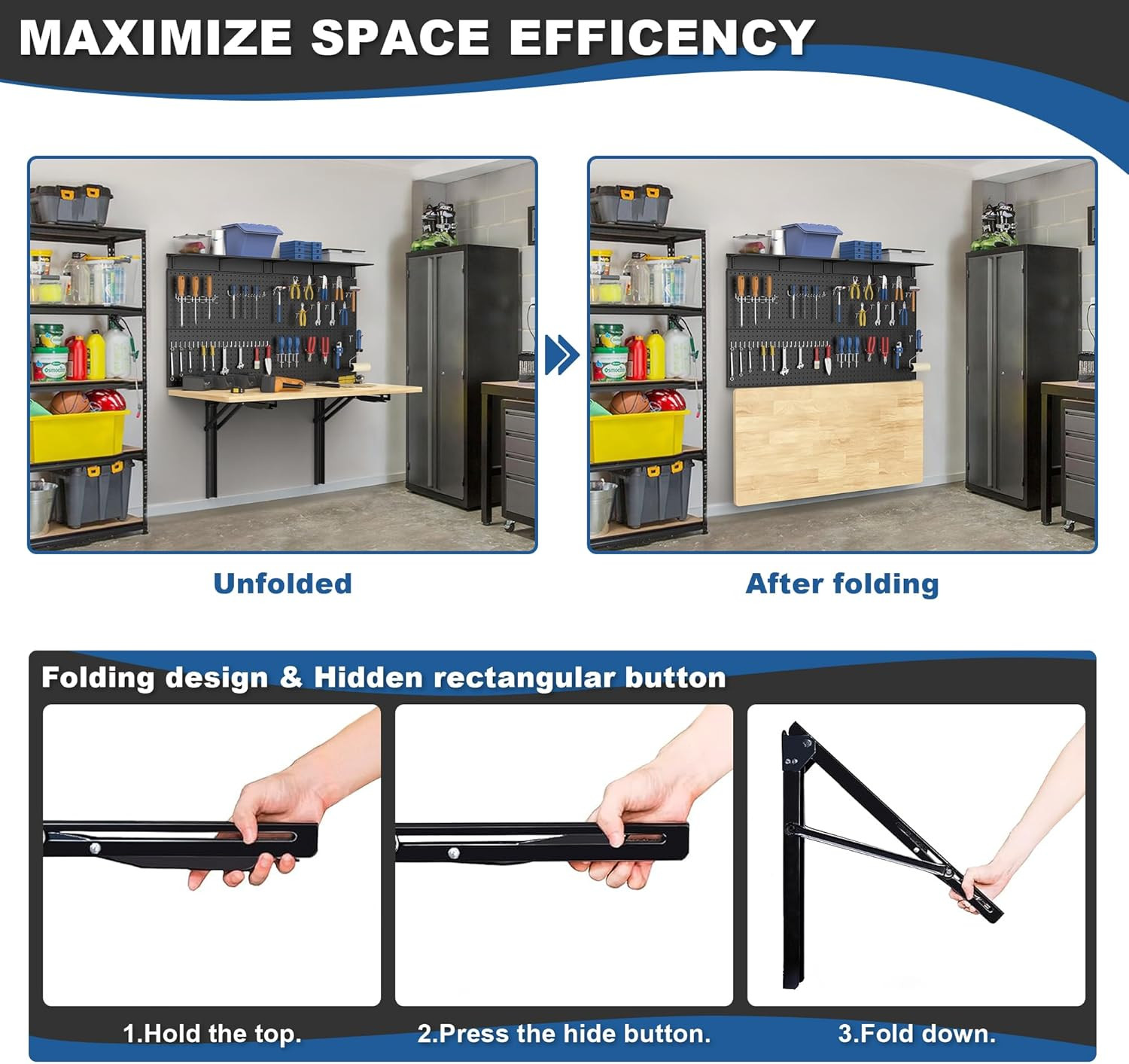 Folding Wall Mounted Workbench with Pegboard Organizer for Garage & Workshop