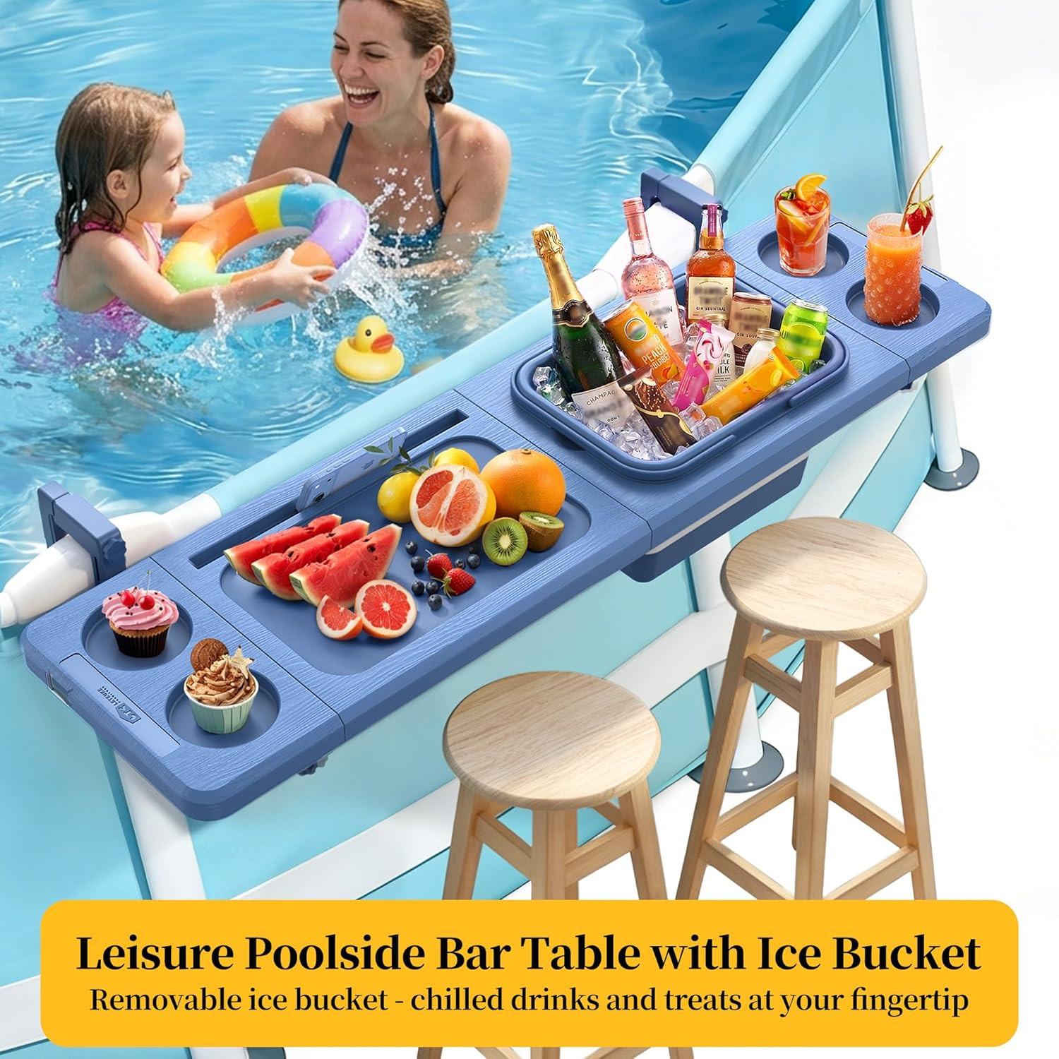Poolside Bar with Ice Bucket, Poolside Bar Table with Adjustable Support Bracket