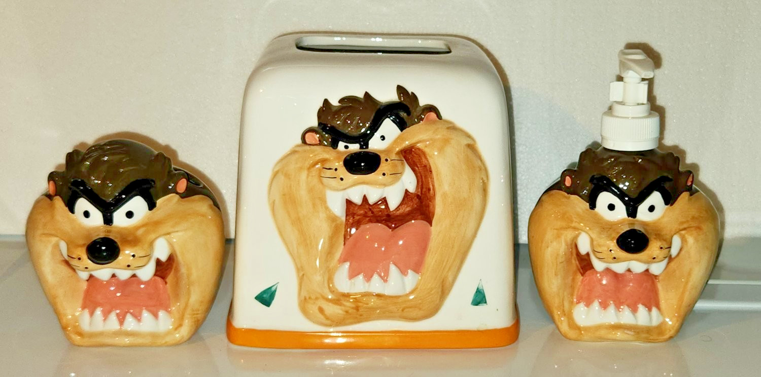 Taz Tasmanian Devil Ceramic 3 Piece Bath Set Tissue Toothbrush Soap Looney Tunes