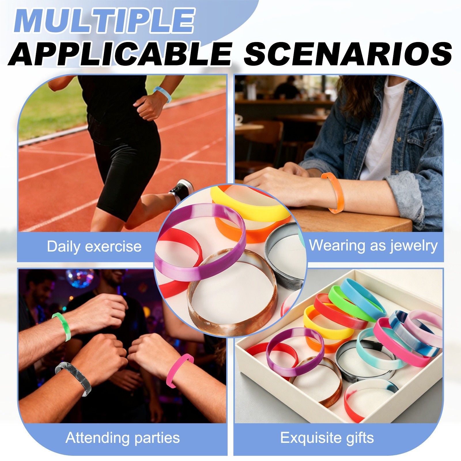 Silicone Wrist Bands, Color Pattern Rubber Bracelets 50 Pcs&8"& Red