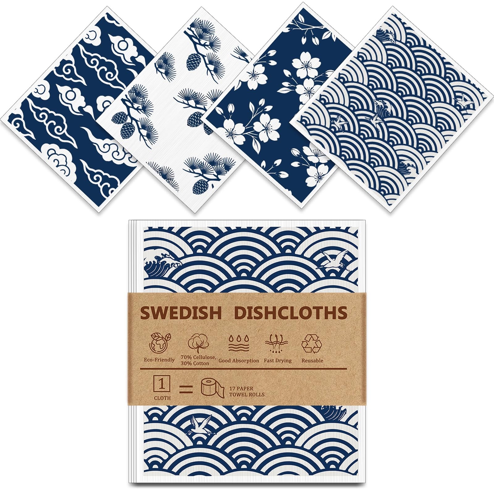 Swedish Dishcloths for Kitchen - 4 Pack Japanese Pattern Reusable Paper Towels,