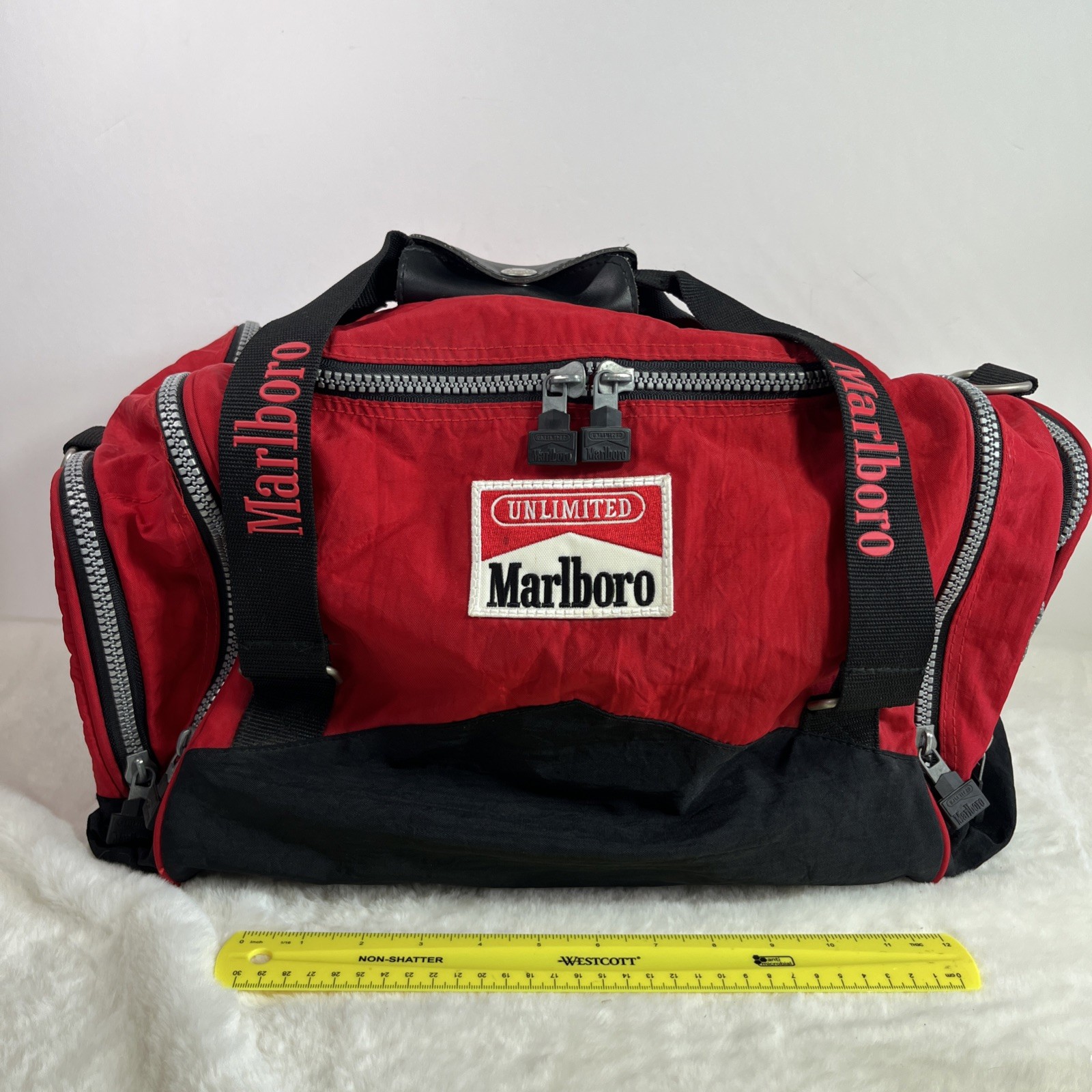 VTG Marlboro Unlimited Duffle Travel Gym Bag Red White Black 1990s READ