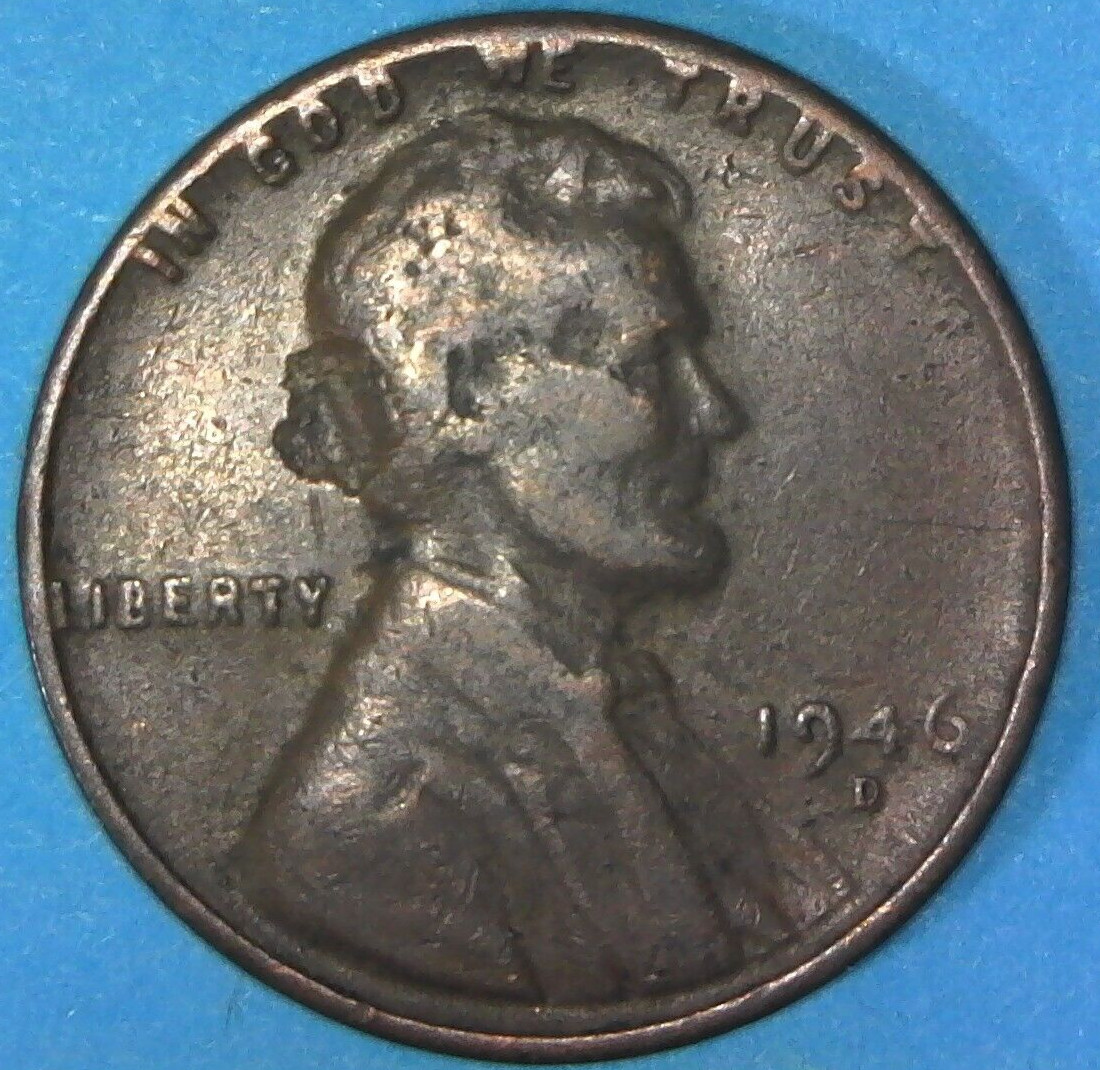 1946 D Lincoln Cent Strike Through Obverse Hole In Head