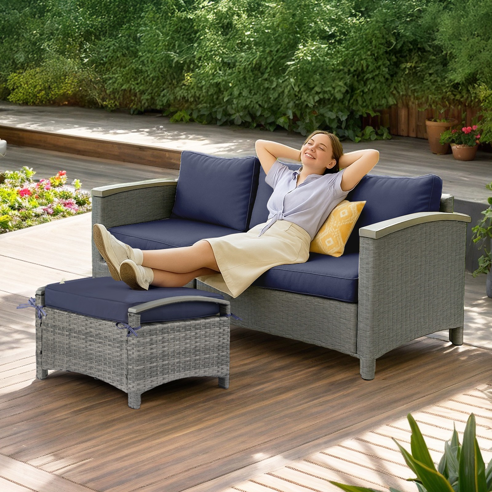 2Piece In/Outdoor Gray Rattan Blue Cushion Plastic Wood Armrest Rattan Footstool