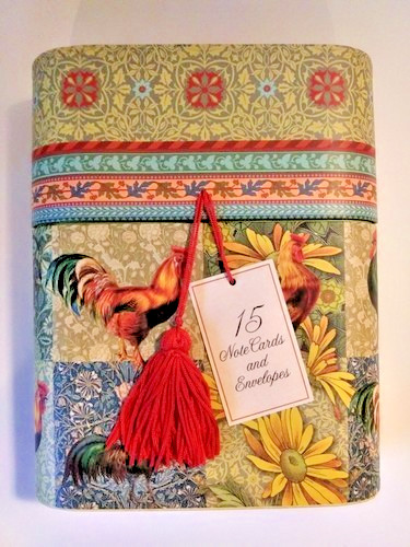 PUNCH STUDIO Harvest Rooster 15 Notecards & Env. in a Keepsake Box w/ Red Tassel