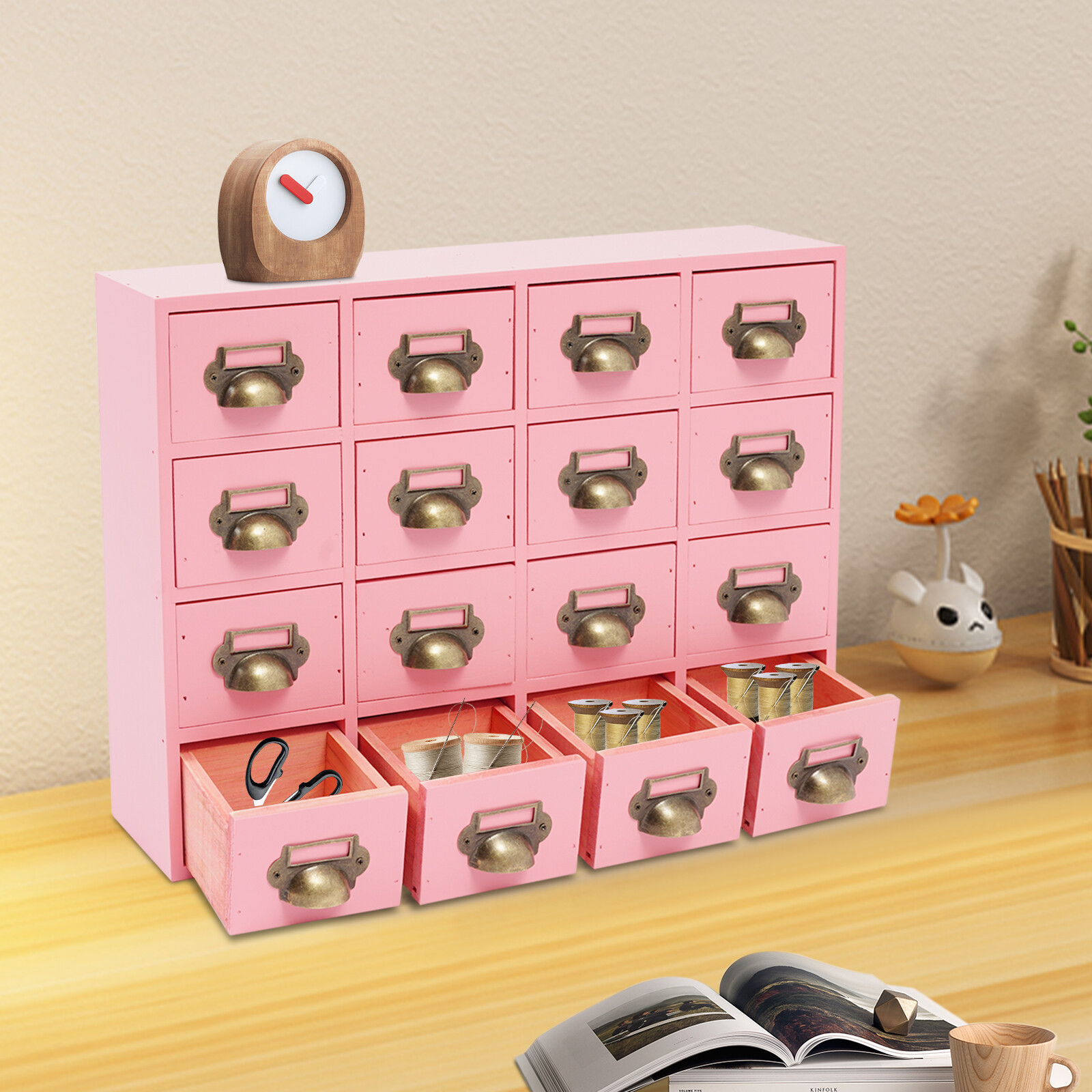 Drawers Storage Cabinet 16 Drawer Cabinet Wooden Medicine Cabinet Pink