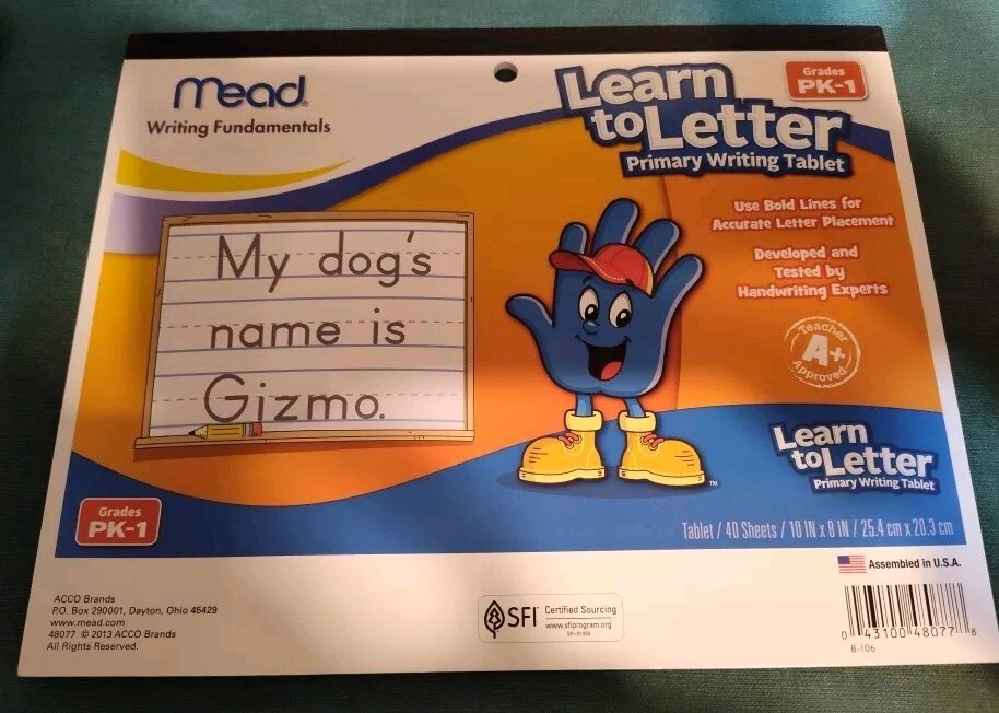 Mead Learn to Letter Primary Writing Tablet, 40 sheets Grades PK-1 NEW