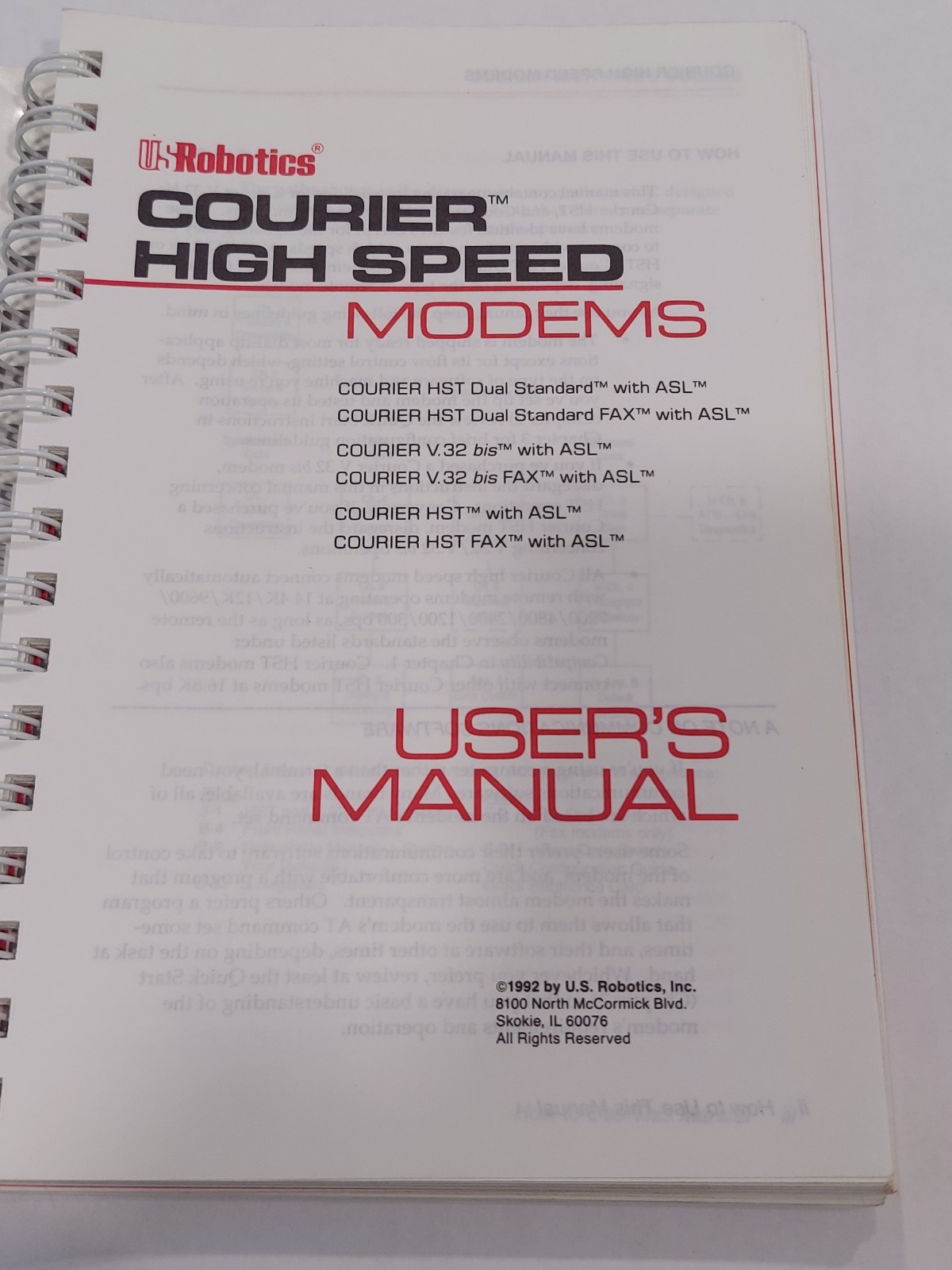 Vintage Robotics Courier High Speed Modems User's Manual, 1992, 1.015.544 Rev. B