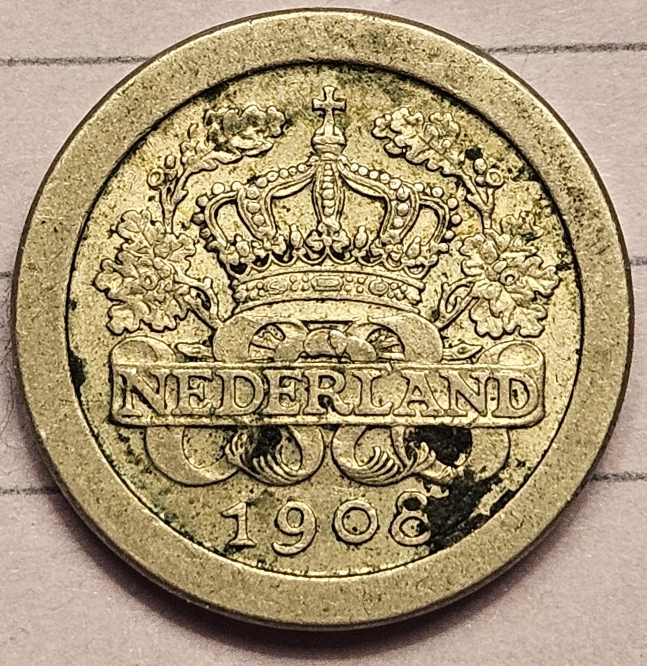 1908 NETHERLANDS 5 Cents Wilhelmnia KM-137