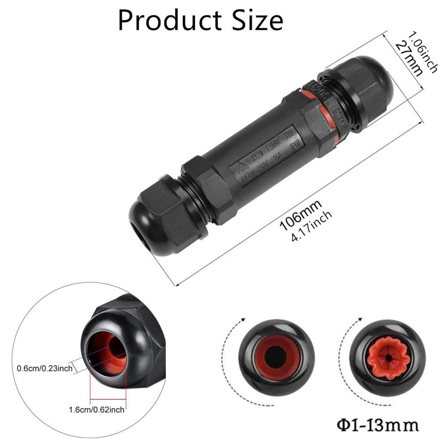 Cable Connector Waterproof IP68 3-Pole for 1-13 mm Cable Diameter, 2 Pieces J...