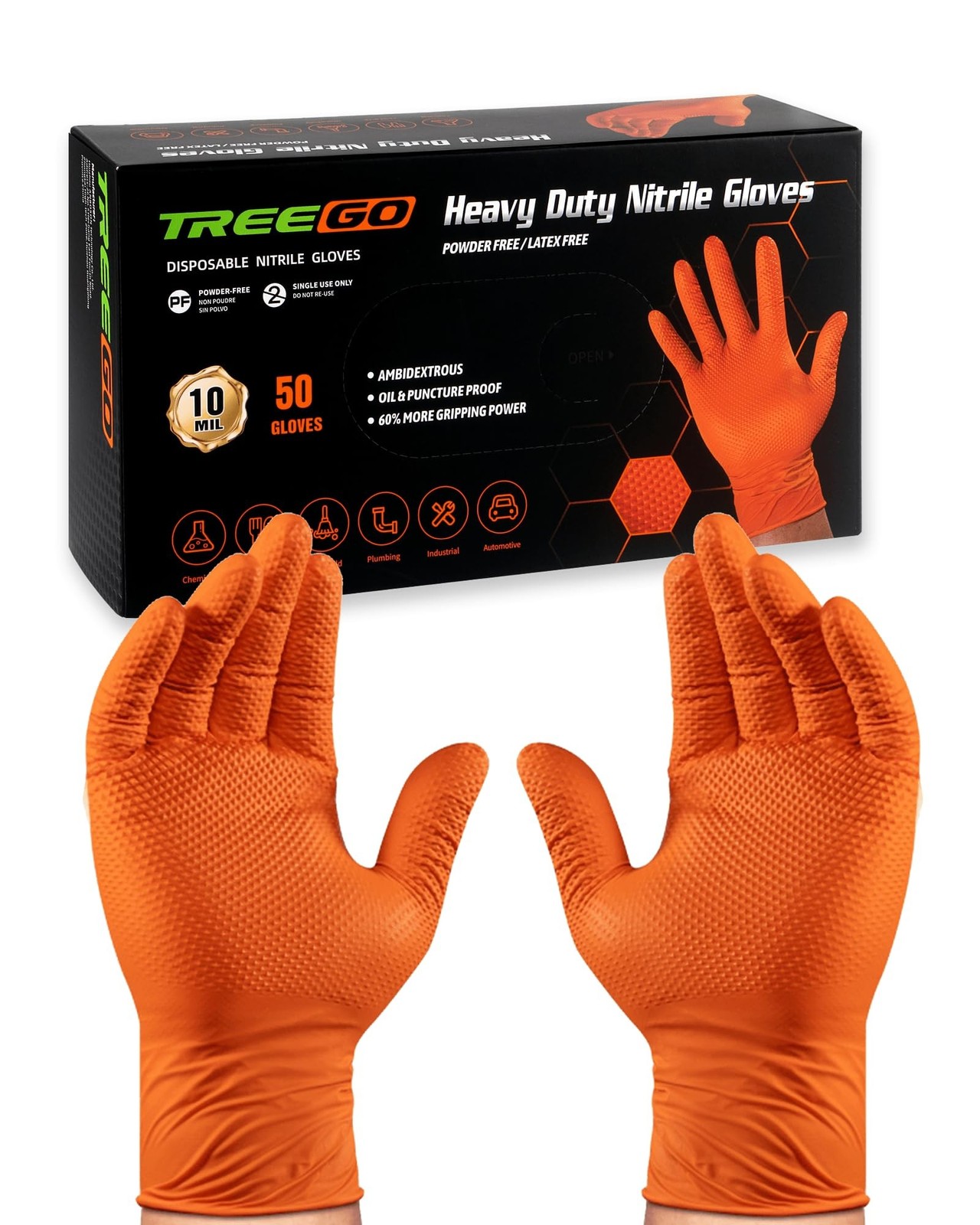 TREEGO 10 Mil Nitrile Gloves XL - Heavy Duty Orange Gloves with Double Diamon...