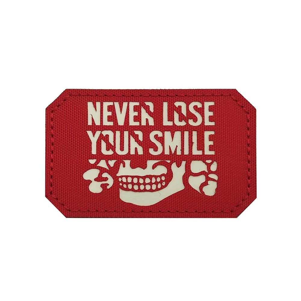REFLECTIVE IR NEVER LOSE YOUR SMILE GHOST MILITRAY HOOK LOOP PATCH BADGE RED