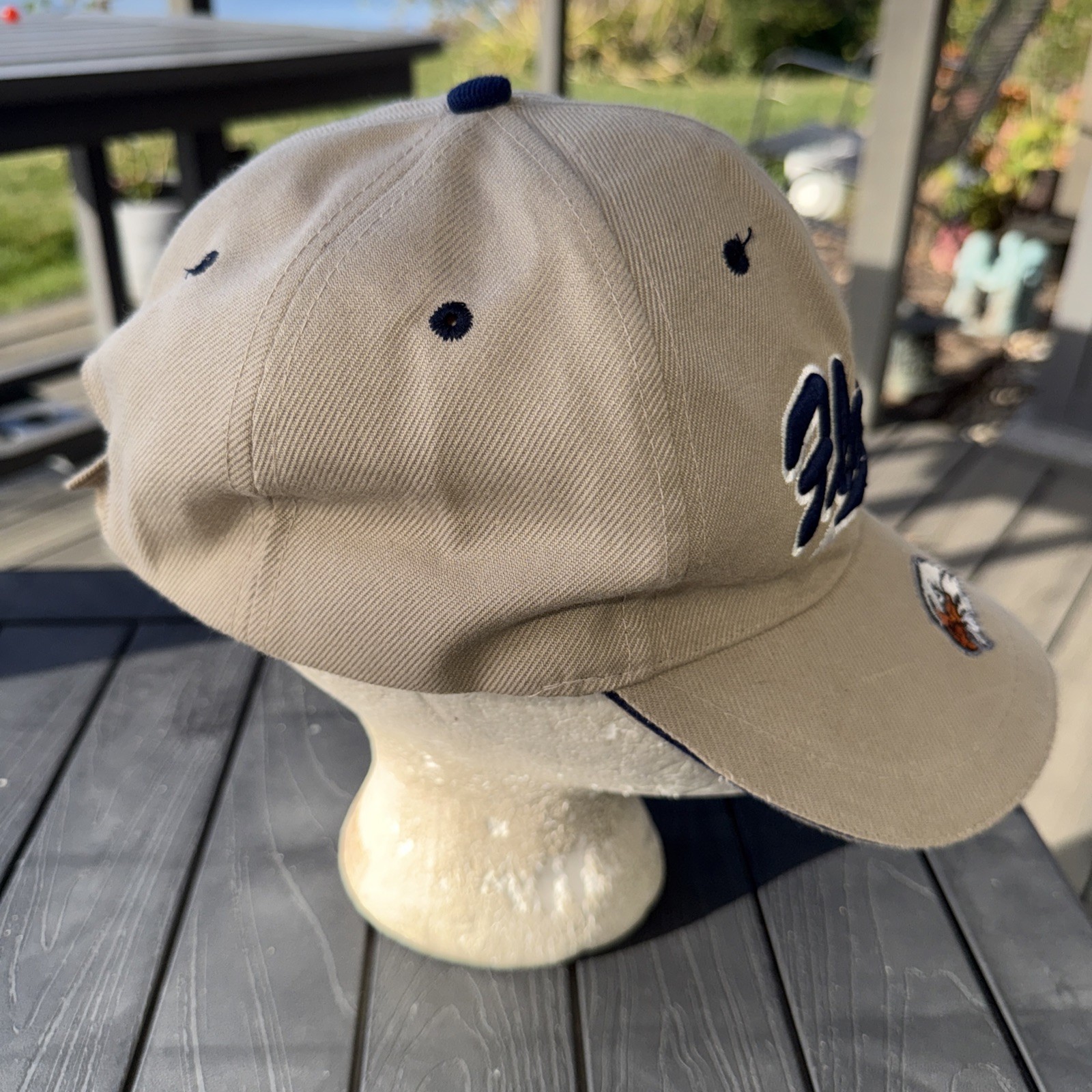 Florida Script navy And White on Tan Hat Cap W Eagle Hook Loop Acrylic EUC