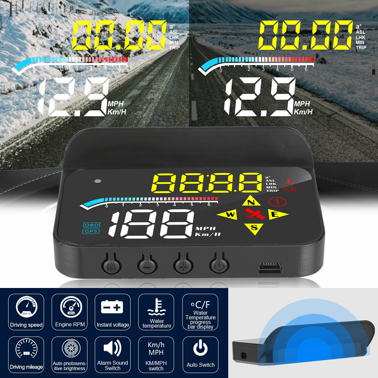 HUD Head Up HD Display Car Hood GPS OBD2 Speedometer Overspeed Dual-mode Chip