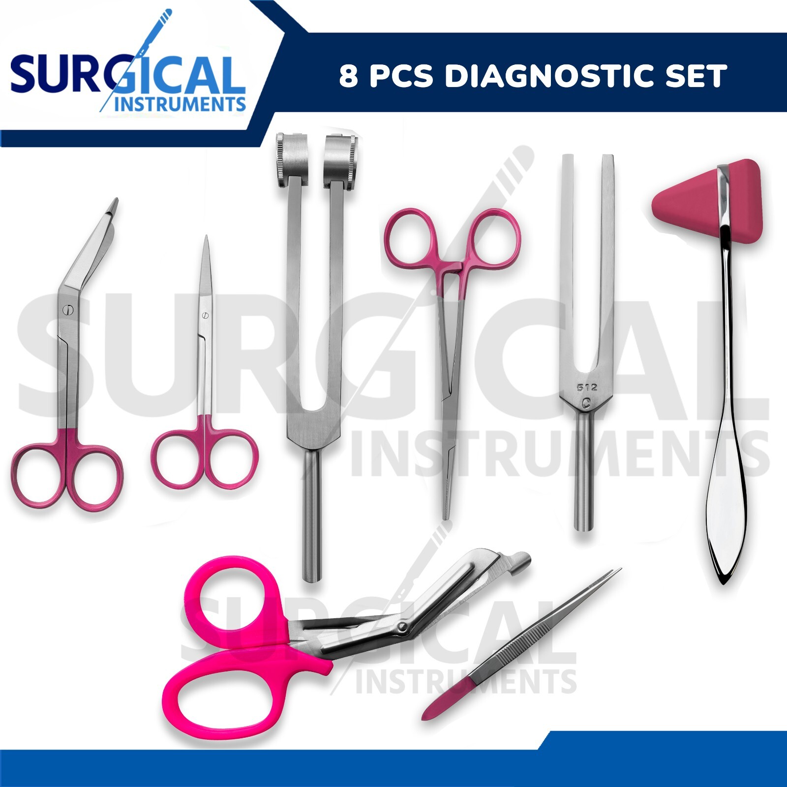 8 pcs Medical Diagnostic Kit Stainless Ideal for EMT, Nursing, Surgical ( Pink )