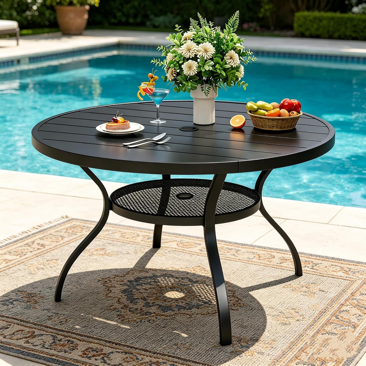 42 Inch Round Outdoor Patio Dining Table, All Weather Black Metal Steel Slat