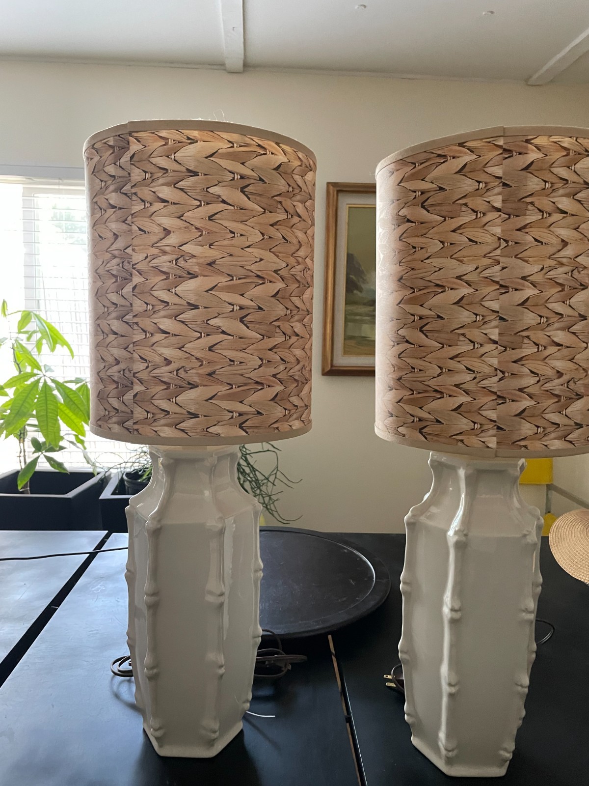 LAMPS (2) Mid Century Ceramic White Bamboo design  Height with shade  28"